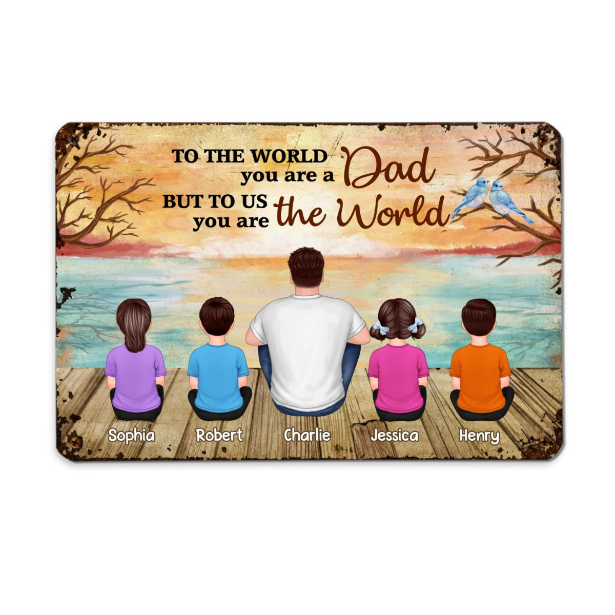 Lake View Dad Grandpa We Love You Back View Dad And Kids Dogs Cats Sitting Personalized Metal Sign