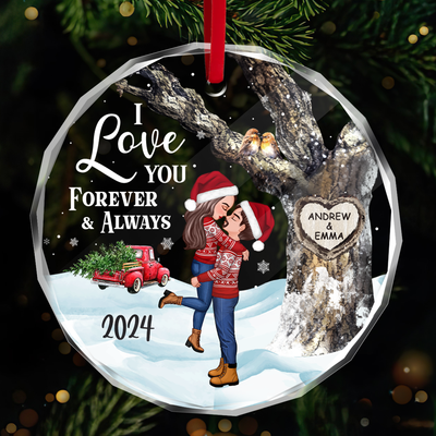 Couple Hugging Kissing Carved Heart Tree Personalized Glass Ornament, Christmas Gift For Him, For Her
