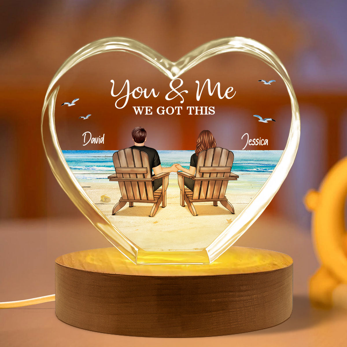 Couple Sitting At Beach Personalized Premium Crystal Heart LED, A Timeless Treasure Full of Emotion