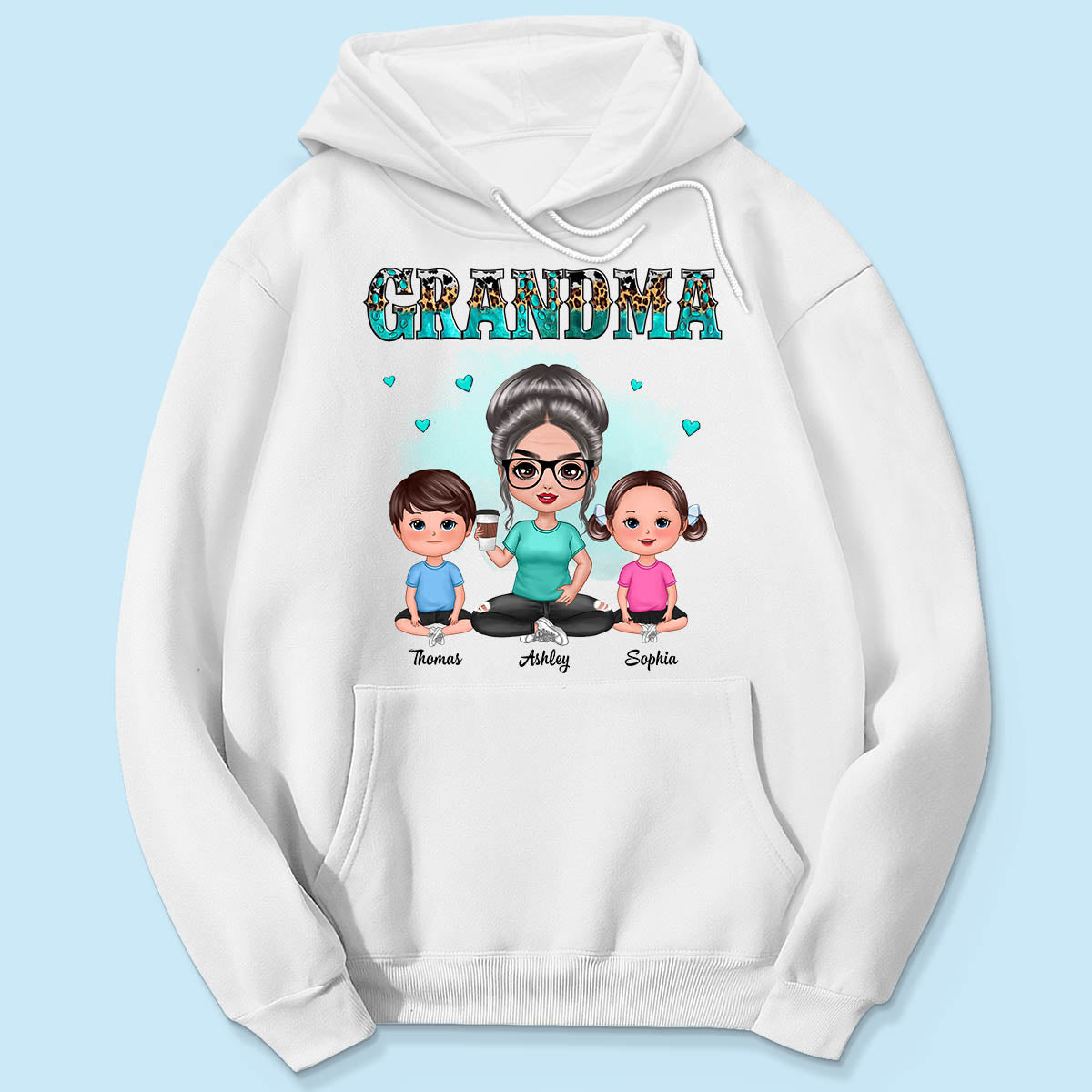 Teal And Leopard Doll Grandma And Grandkids Sitting Personalized Shirt