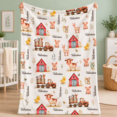 Farm Animal Print Custom Baby Name - Personalized Fleece Blanket - Nursery Farm Animal Theme For Baby Boy