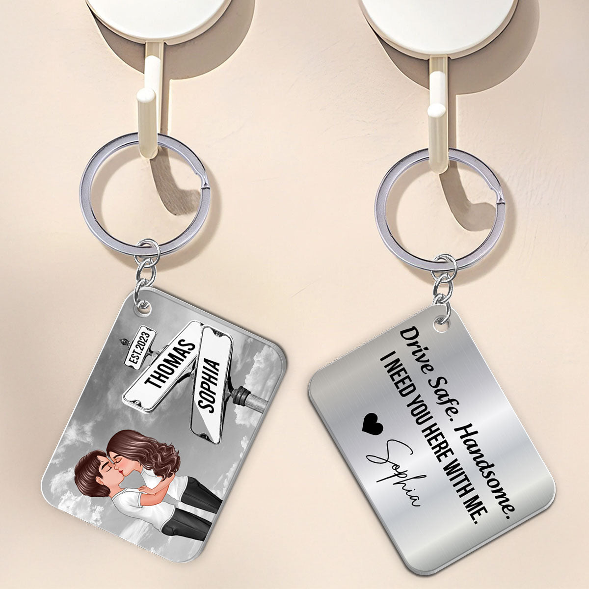Drive Safe Couple Kissing Vintage Crossroads Street Sign Personalized Metal Keychain, Anniversary  Gift For Him, Boyfriend, Husband