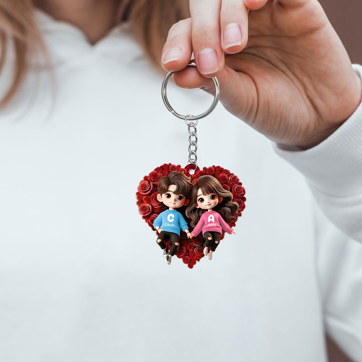 Cute Couple Lying On Rose Heart Personalized Acrylic Keychain, Gift For Him, Gift For Her, Gift For Valentine's Day