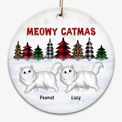 Christmas Tree Buffalo Plaid and Leopard Cheetah Fluffy Cat Personalized Circle Ornament