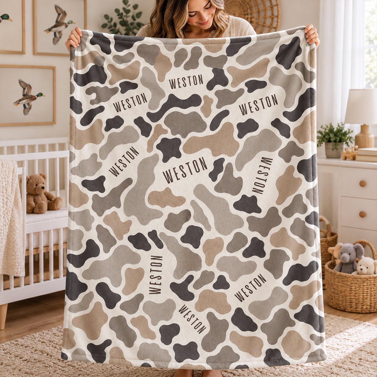Wildlife Camo Print Custom Baby Name - Personalized Fleece Blanket - Nursery Hunting Theme For Baby Boy