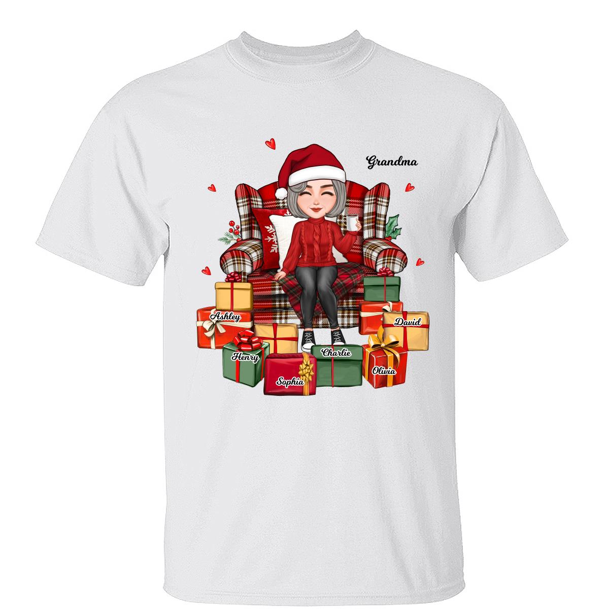 Christmas Cute Grandma Sitting On Chair Favorite Gifts Kids Names Personalized Shirt