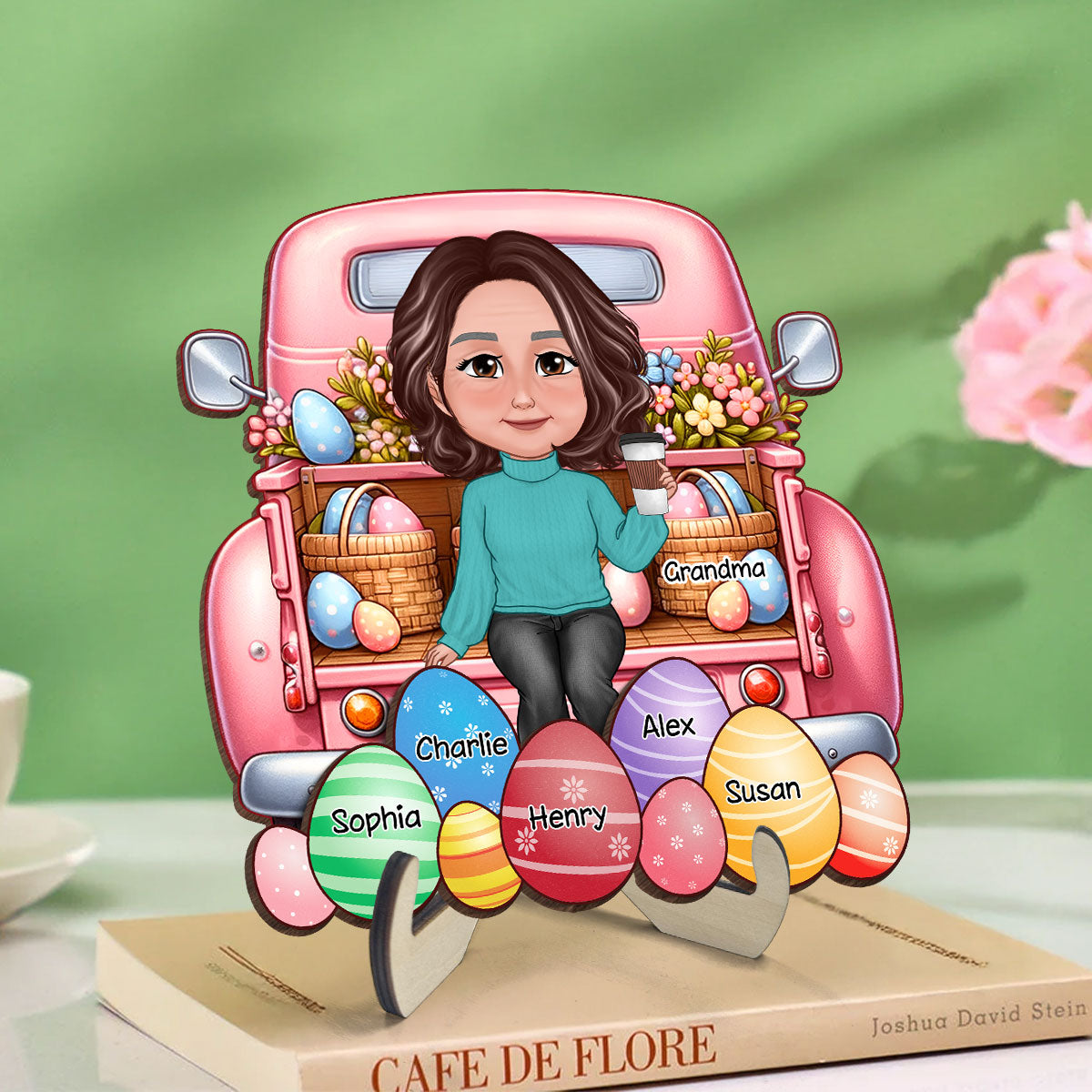 Easter Mom Grandma Sitting On Truck Eggs Grandkids Names Personalized 2-Layer Wooden Plaque