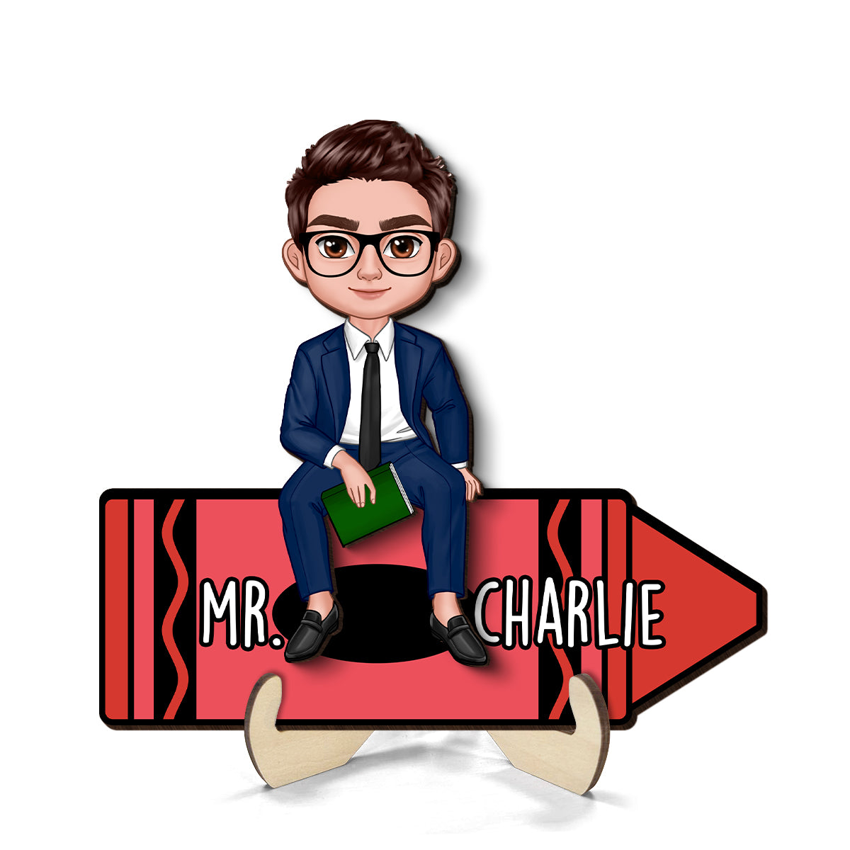 Doll Teacher Sitting On Crayon Personalized 2-Layer Wooden Plaque