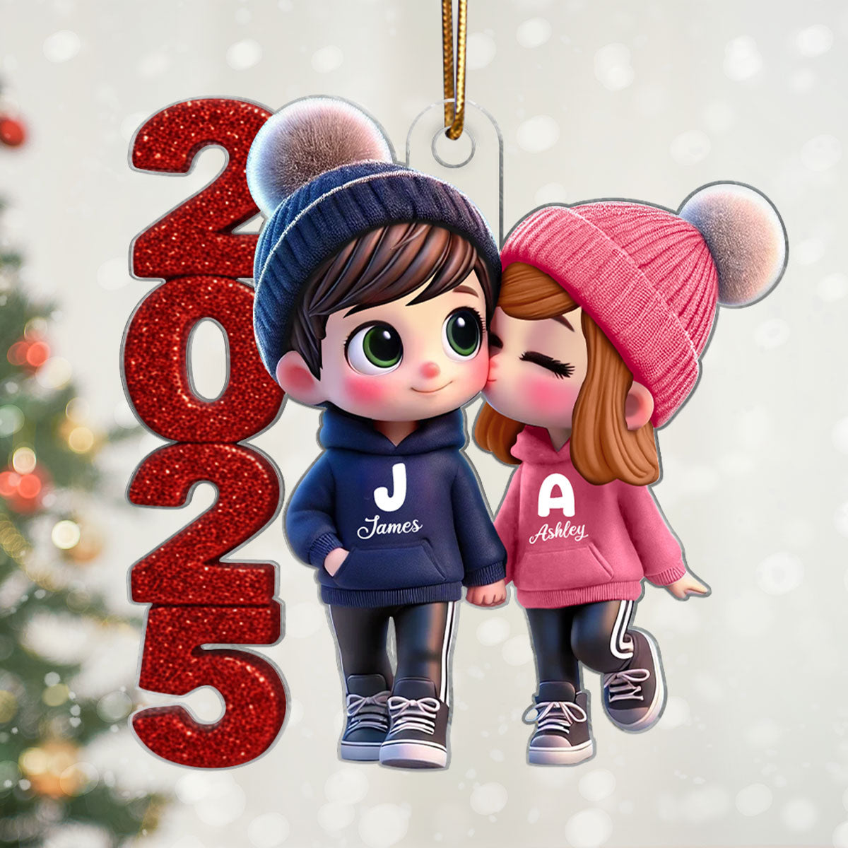 3D Glitter Effect 2025 Cute Cartoon Couple Walking - Personalized Acrylic Ornament - Gift for Him, Gift for Her