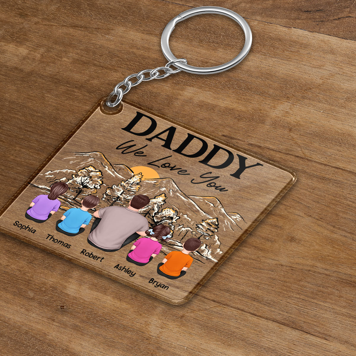 Best Dad Ever Back View Man Kids Dog Cat Mountain Sketch Personalized Acrylic Keychain