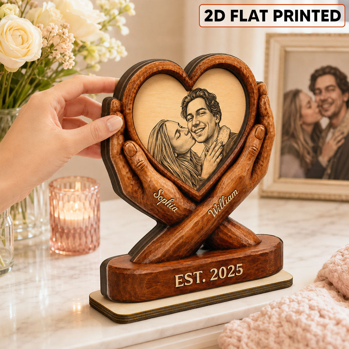 Custom Couple Photo Sketch Style Forever Love - Personalized 2-Layered Wooden Plaque - Anniversary Gift For Couple, For Him, For Her