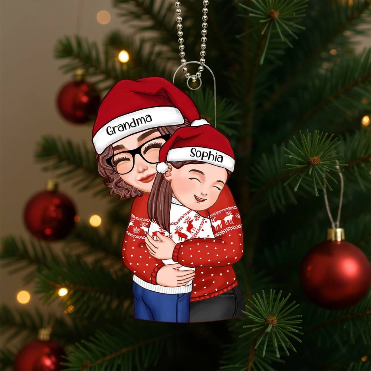 Christmas Cute Grandma Hugging Kid Gift For Granddaughter Grandson - Personalized Acrylic Ornament - Gift For Granddaughter, Grandson