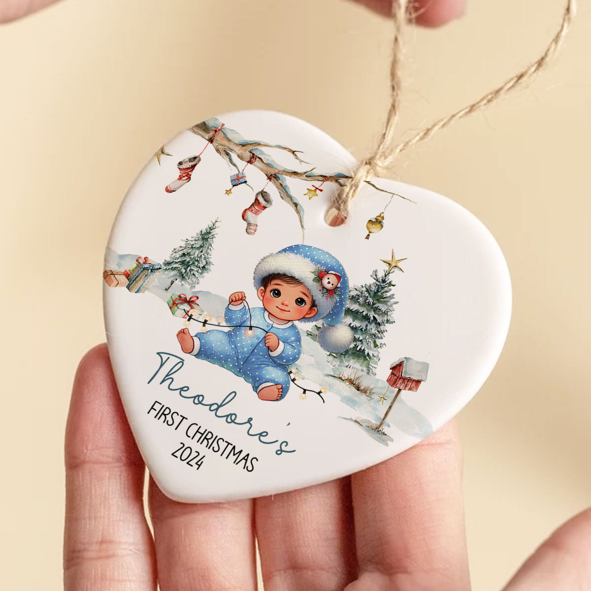 Watercolor Woodland Baby's First Christmas Personalized Heart Shaped Ceramic Ornament, Christmas Gift Keepsake for New Mom New Dad