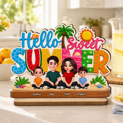 Hello Summer Vibe Family Grandpa Grandma Dad Mom Kids - Personalized 2-Layered Wooden Plaque - Gift For Family, Grandparents, Summer Decoration