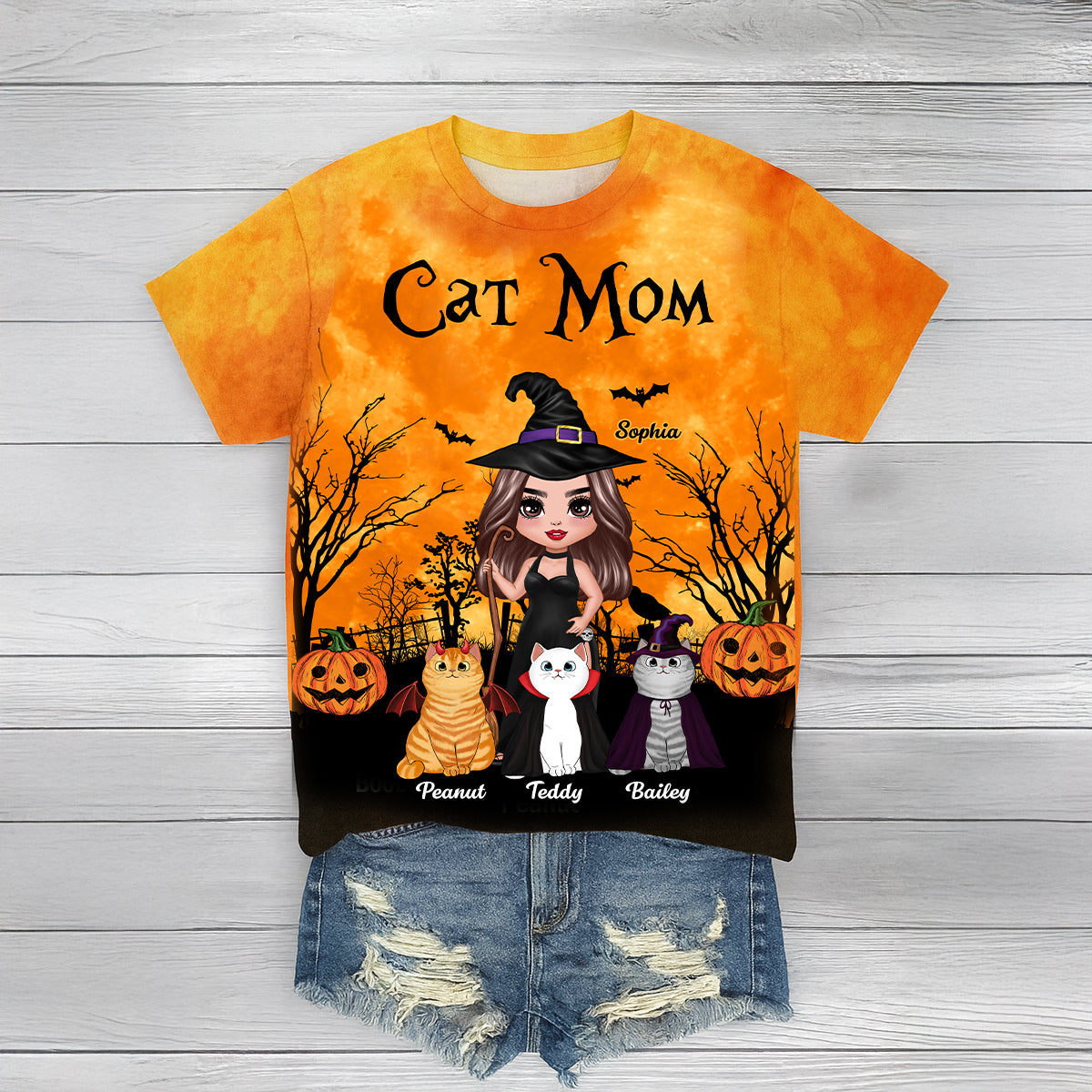 Witch Cat Mom Halloween Moon Light Bat Tree Personalized Shirt, Purrfect Costume for Cat Lover