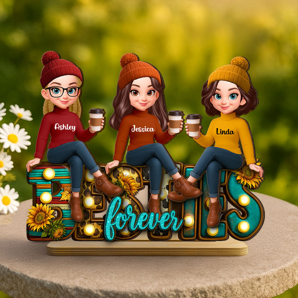 Western Fall Vibe Besties Sitting Personalized Standing Wooden Plaque, Fall Gift for Best Friends
