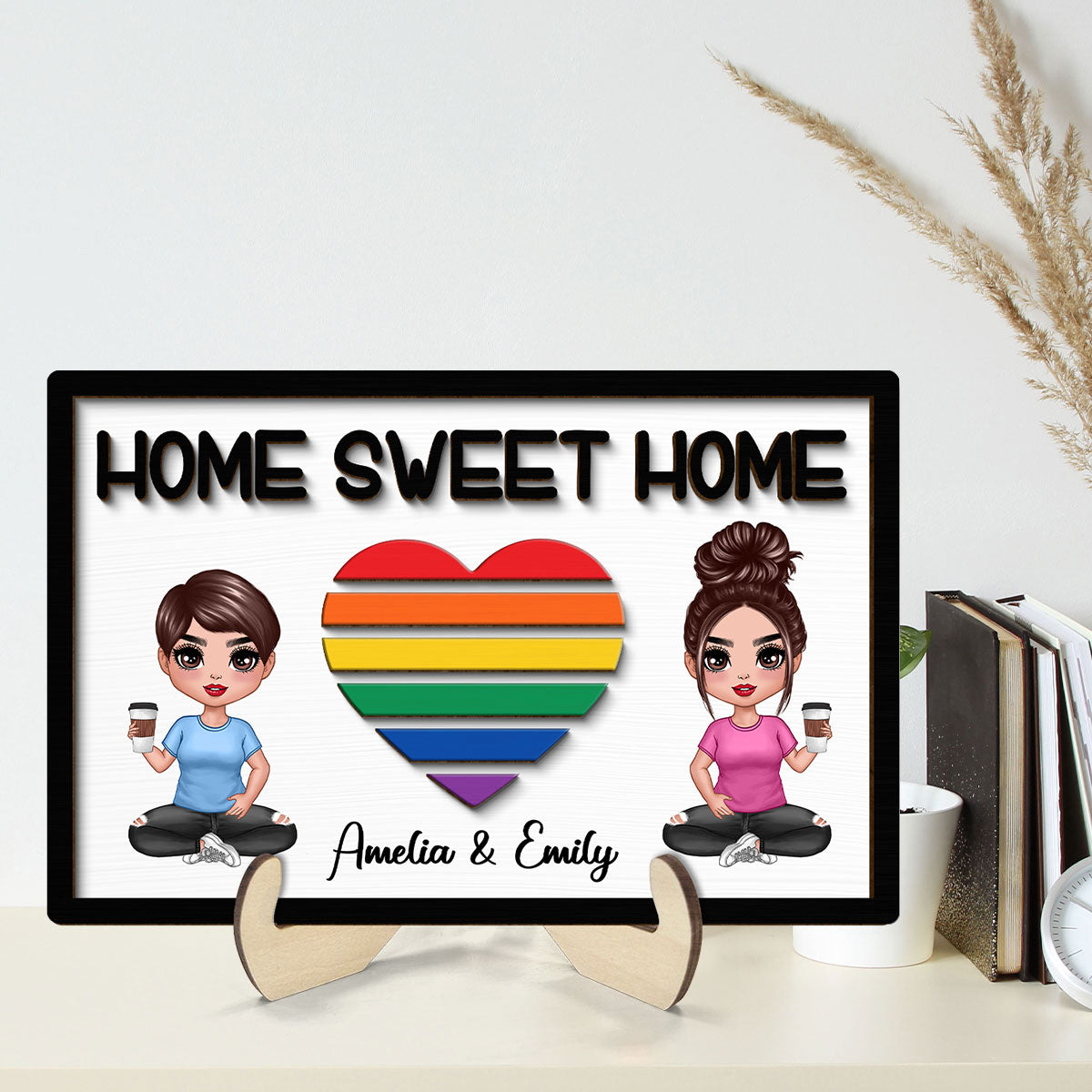 Home Sweet Home LGBT Couple Personalized 2-layer Wooden Plaque