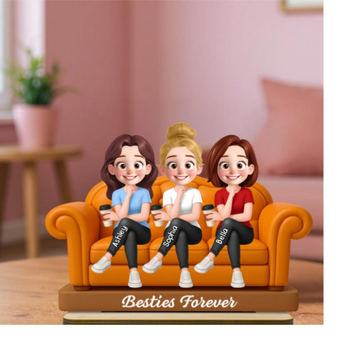Besties Sitting On Sofa Personalized Wooden Standing Plaque, Gift for Besties, Sisters, Best Friends