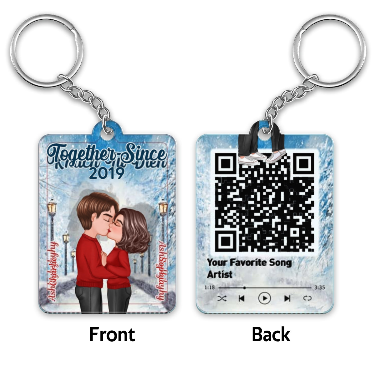 Doll Couple Kissing Winter Lamp Post Road Favorite Song QR Code Personalized Acrylic Keychain