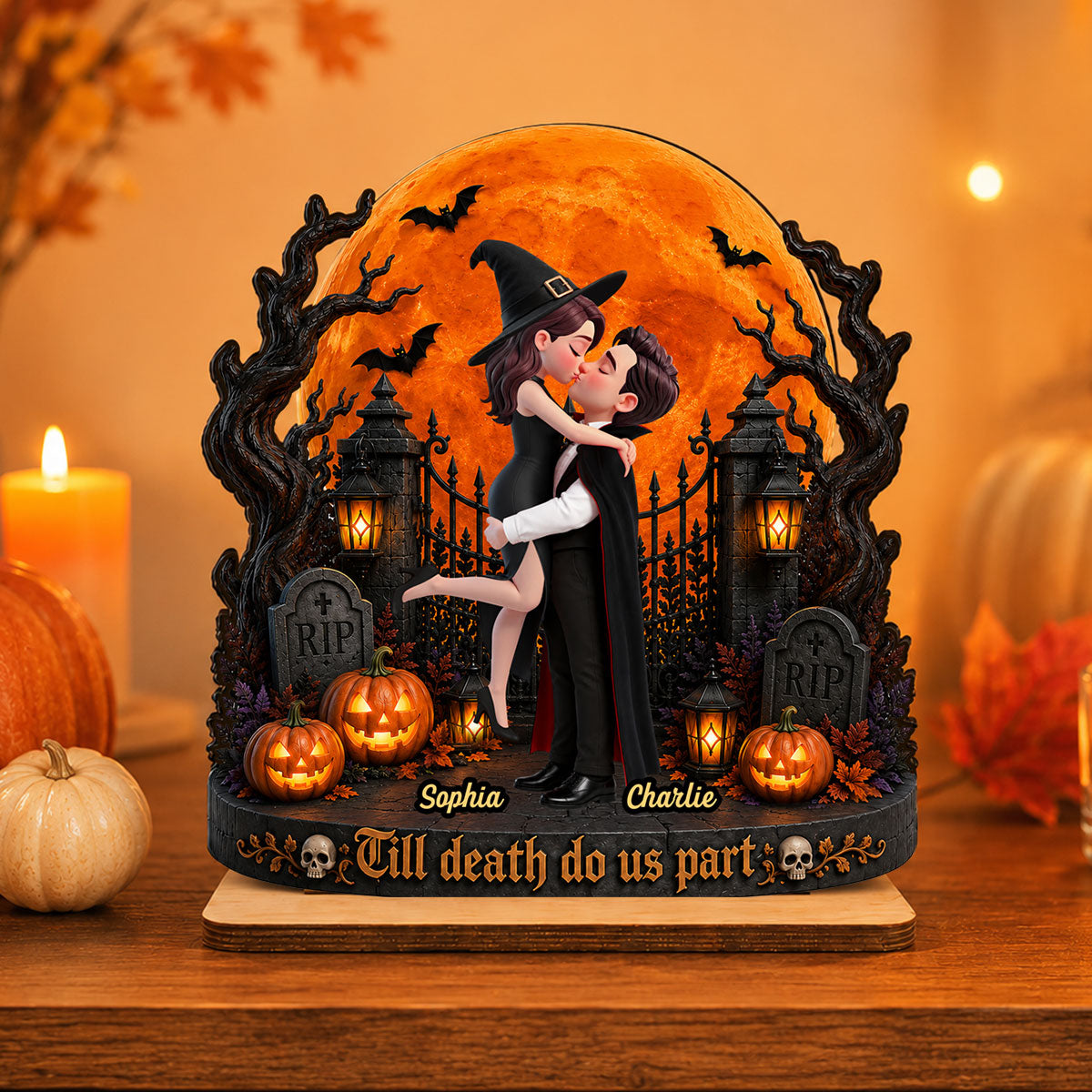 Eternal Love Couple Under Halloween Moon Light - Personalized 2-Layered Wooden Plaque - Halloween Gift For Couple