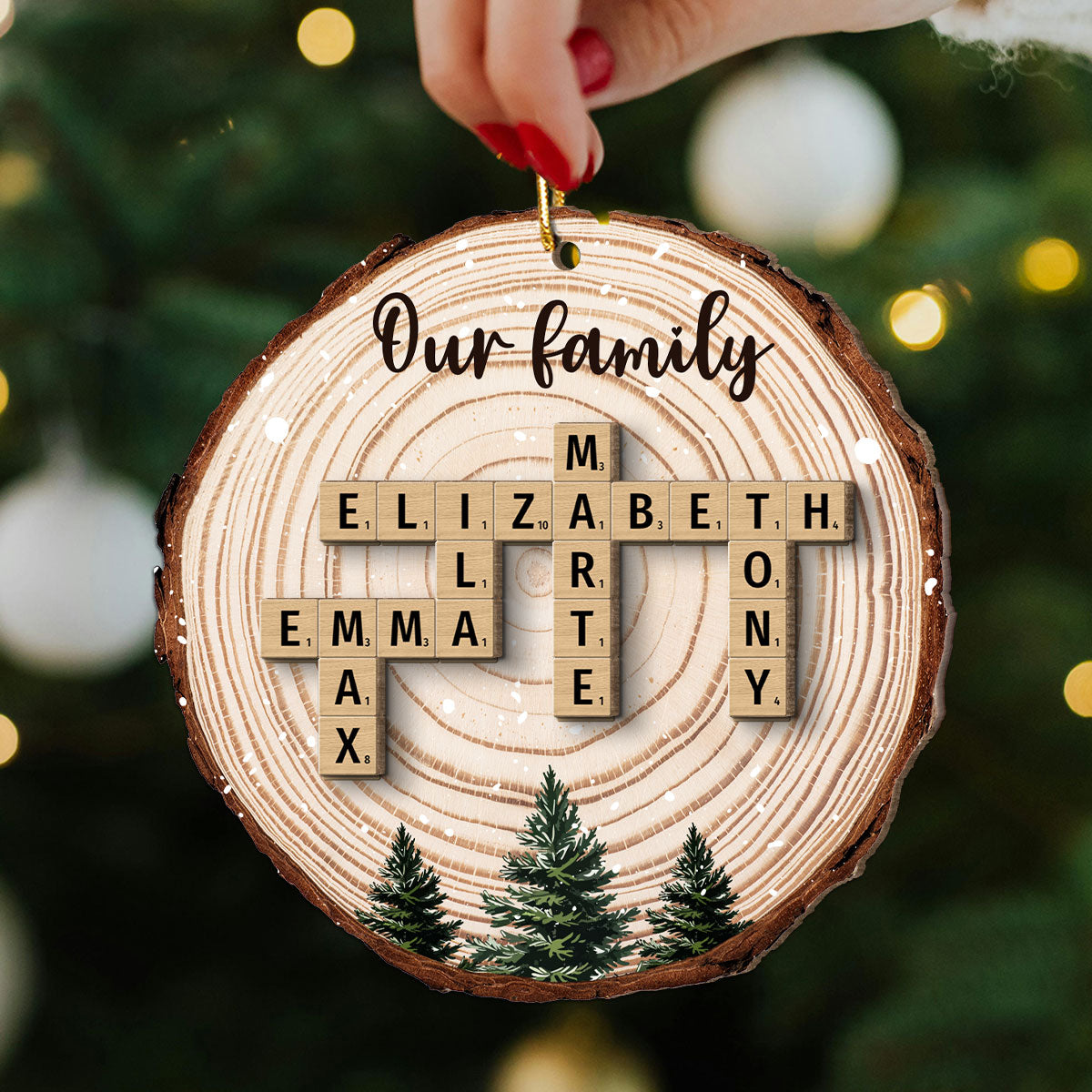 Christmas Tree Wood Pattern Family Names Puzzle Crossword Personalized 2-Layer Wooden Ornament, Christmas Gift For Family