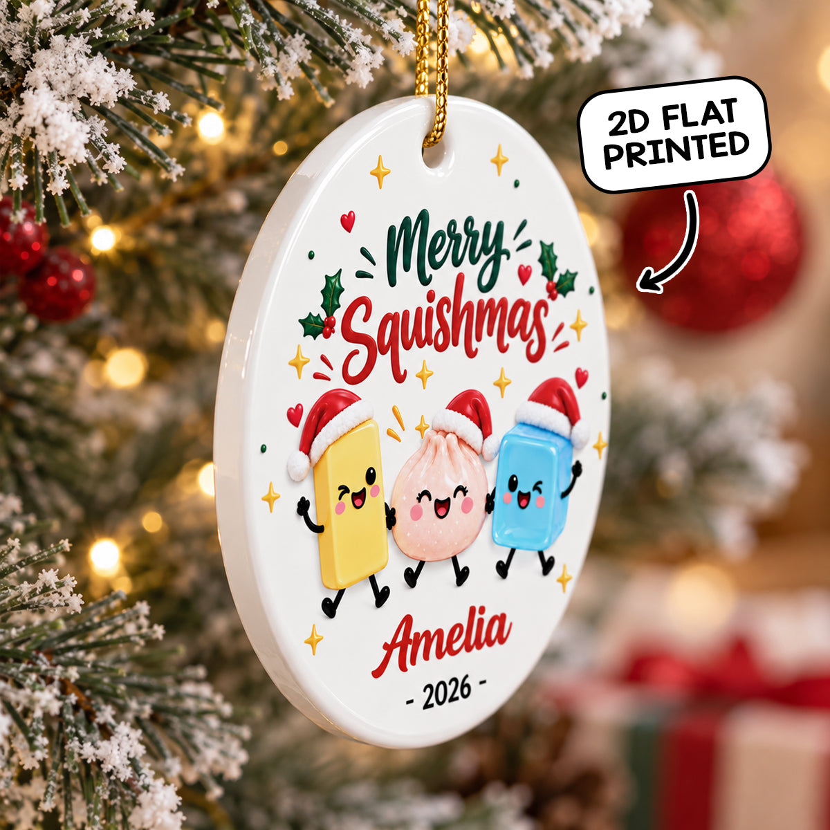 Merry Squishmas 2026 Custom Name - Personalized Ceramic Ornament - Christmas Keepsake For Squishy Hunting Lover, Viral Squishy Dumpling Trend