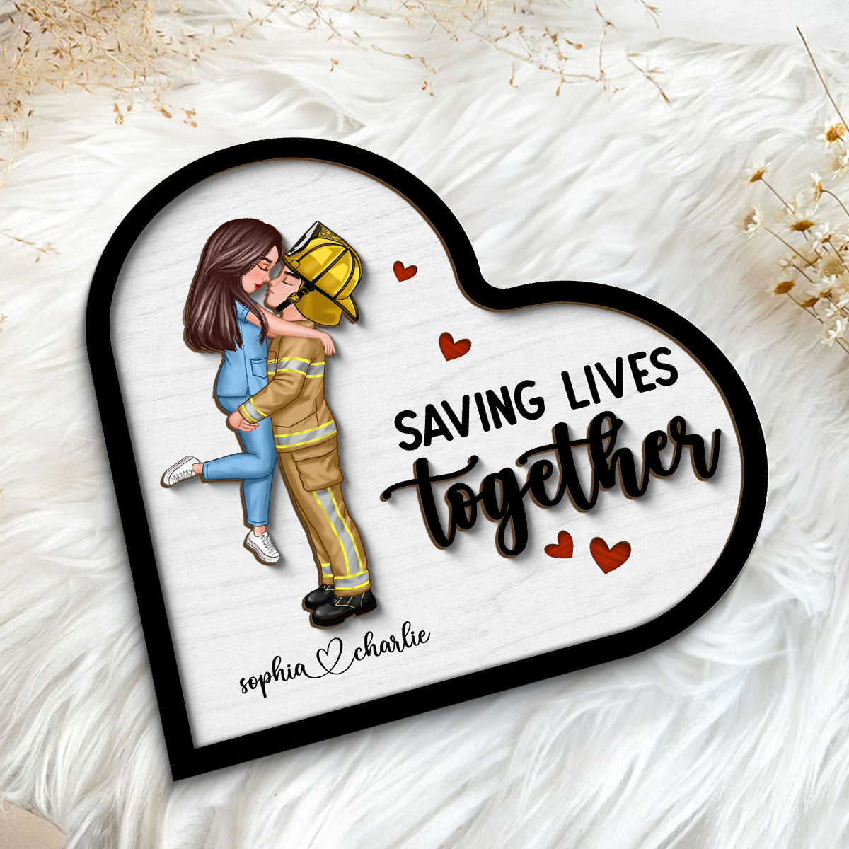Saving Lives Together Couple Valentine‘s Day Gifts by Occupation Gift For Her Gift For Him Firefighter, Nurse, Police Officer Personalized 2-Layer Wooden Plaque