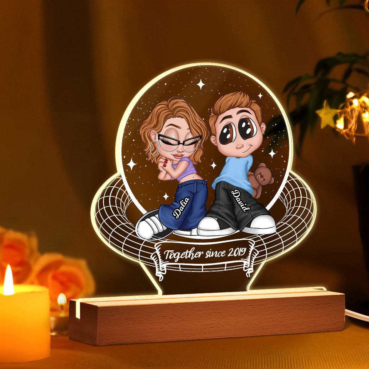 Y2K Couple Personalized 3D Illusion Acrylic LED Night Light,  Gift, Anniversary Gift for Him for Her