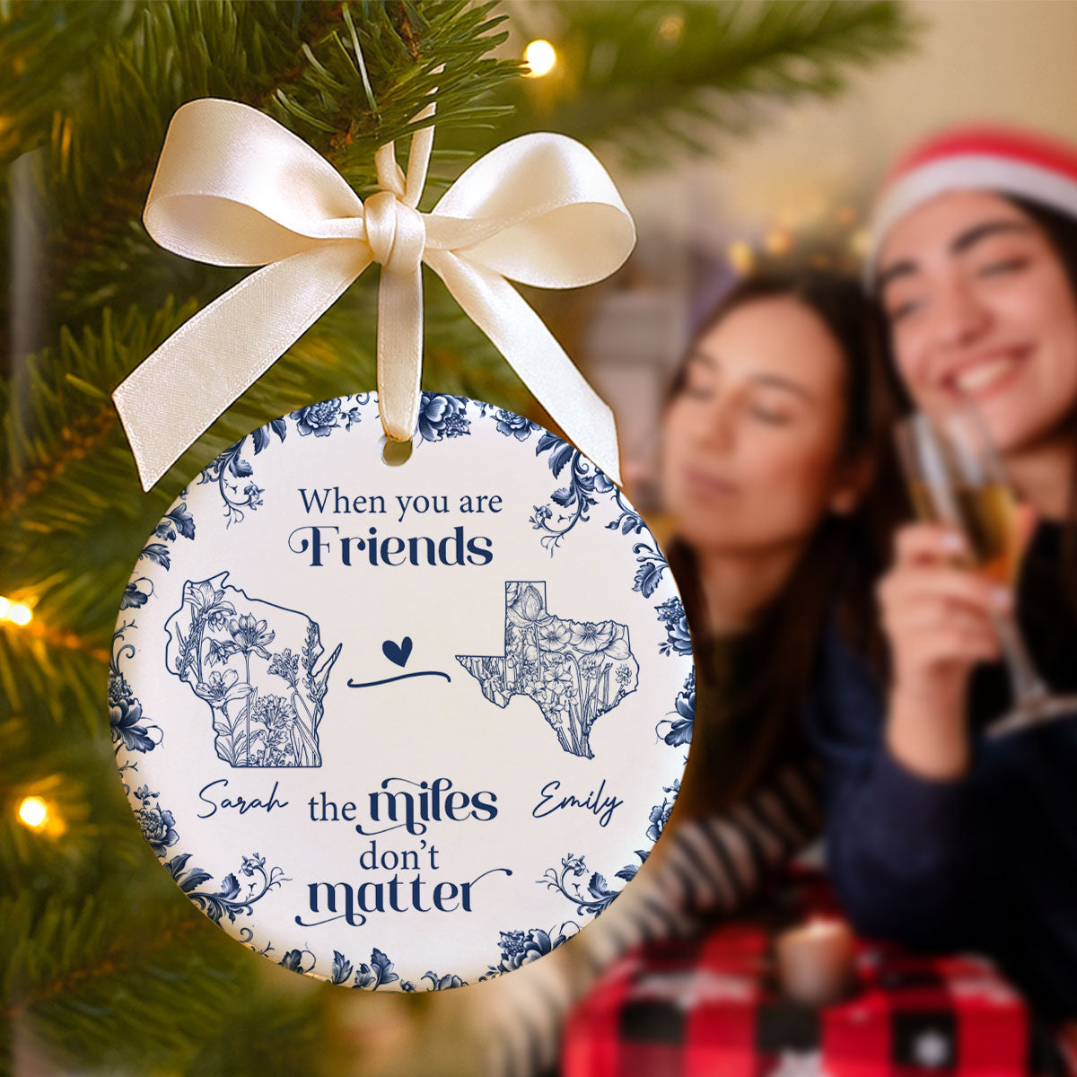 Blue Floral State Map Personalized Long Distance Friendship Ornament, Long Distance Best Friend Gift Moving Away Gift