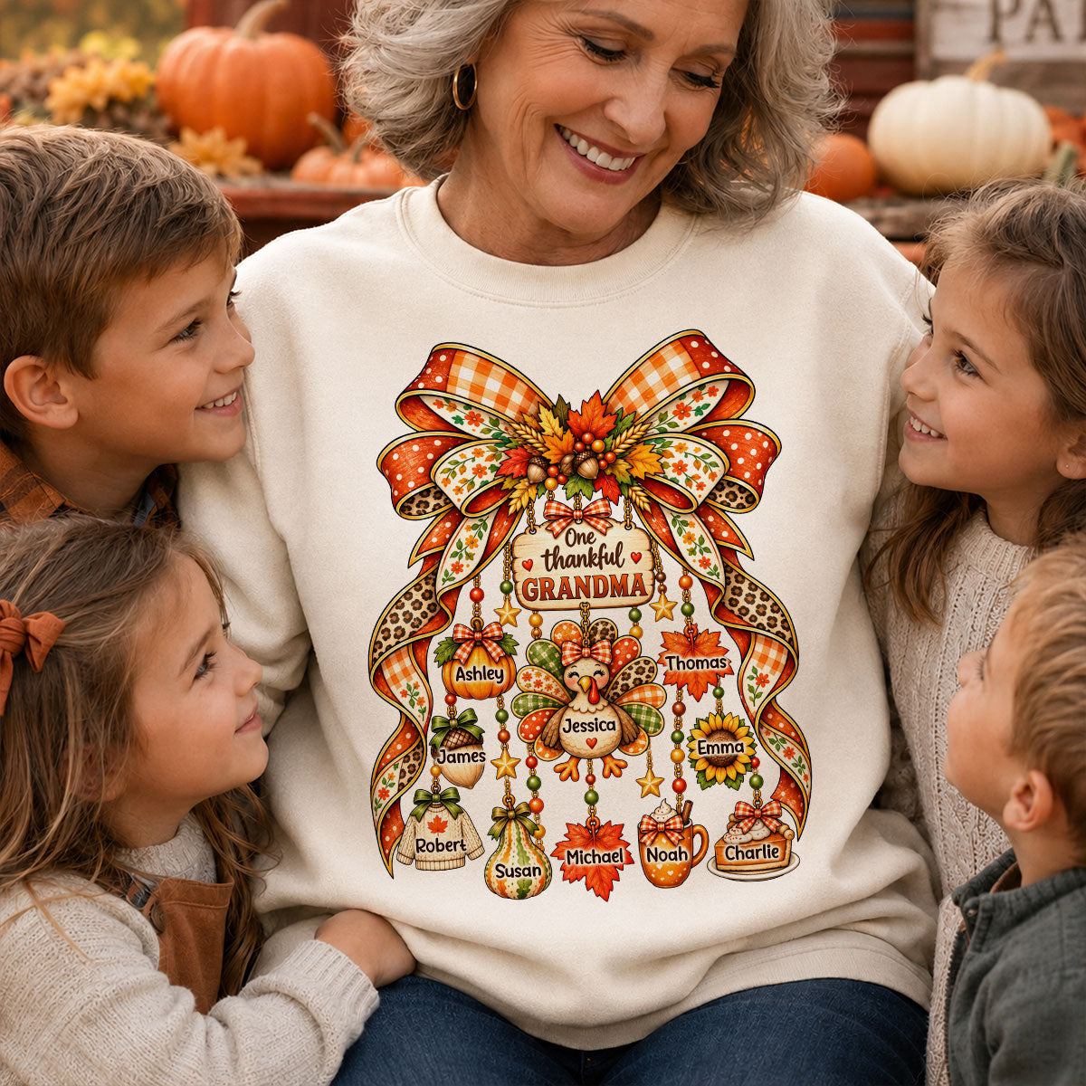 One Thankful Grandma Fall Thanksgiving Charm Bow - Personalized Shirt - Gift for Grandma