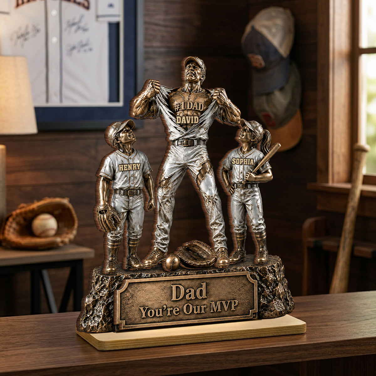 No 1 Dad Baseball Victory Trophy - Personalized 2-Layered Wooden Plaque - Father's Day Gift for Dad, Husband