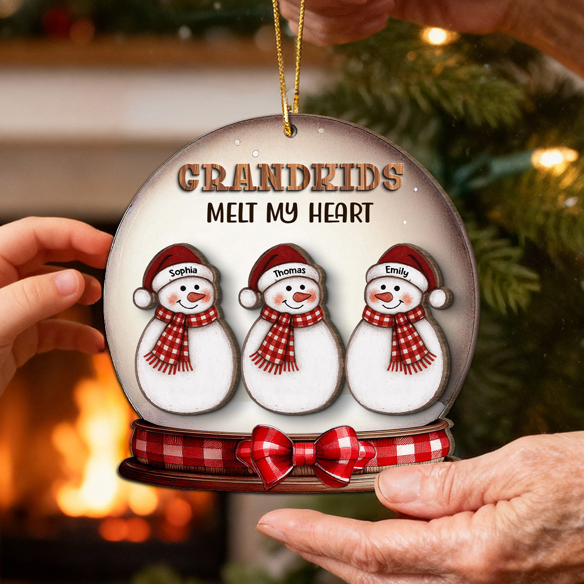 Grandkids Melt Our Hearts Folk Art Snowman - Personalized 2-Layer Wooden Ornament - Christmas Decor