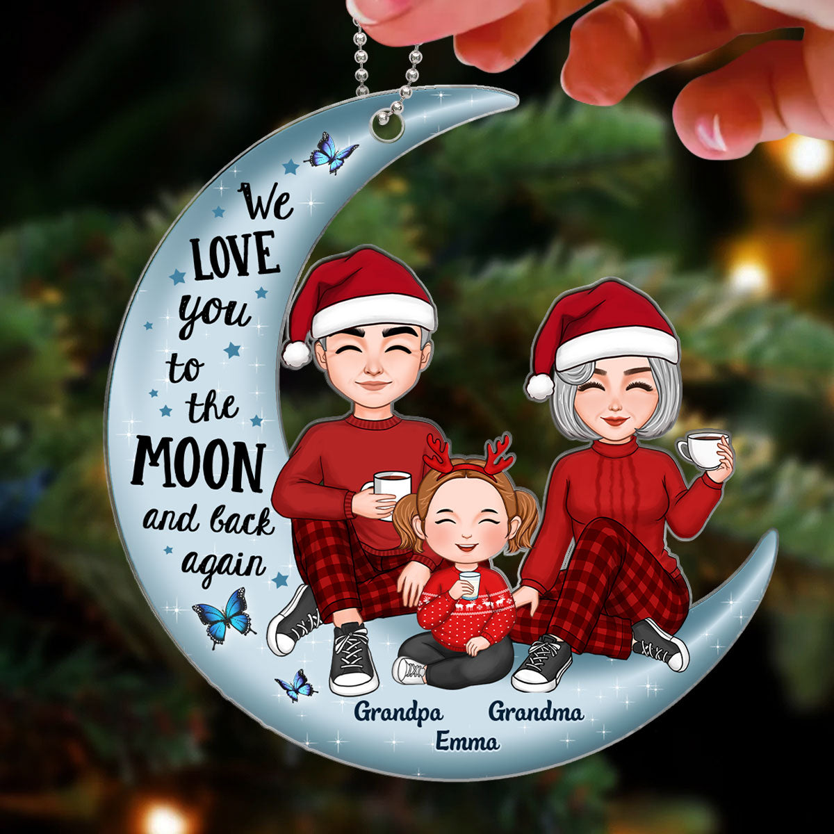 Cute Grandma Grandpa Grandparents & Grandkid On Moon Personalized Acrylic Ornament