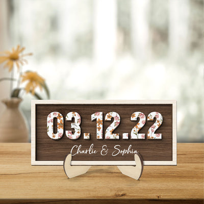 Couple Engagement Wedding Anniversary Special Date Custom Flower Printed 2-Layered Wooden Plaque,  Gift For Her, Gift For Him