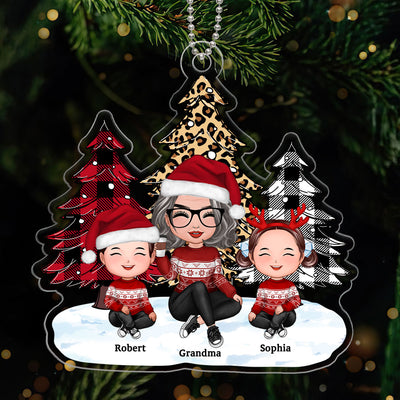 Leopard Checkered Pattern Tree Grandma Grandkids Happy Face Personalized Acrylic Ornament