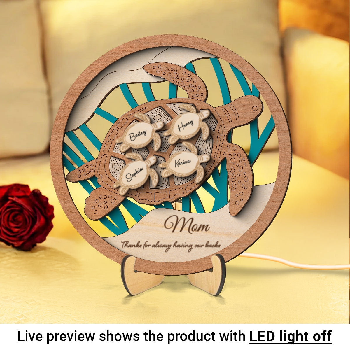 Grandma Mom Sea Turtle Personalized 3-Layered Wooden Plaque With LED, Gift for Mom, Grandma