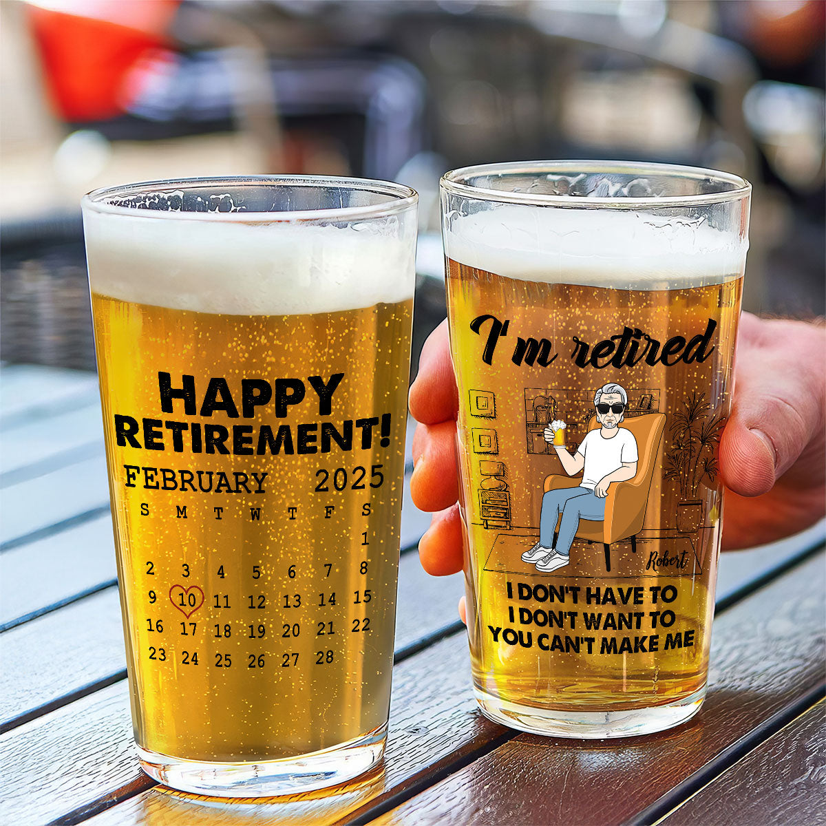 Woman Man Sitting I'm Retired You Can't Make Me Custom Calendar Personalized Beer Glass, Retirement Gift