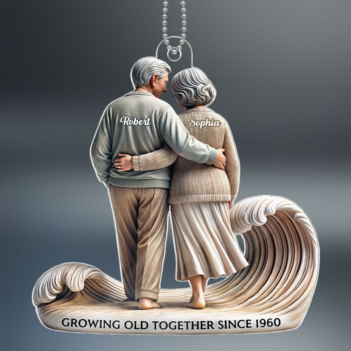 3D Effect Old Couple Embracing Walking Together On The Beach Personalized Car Hanger Ornament, Heartfelt Gift For Couple, For Him, For Her, Husband, Wife