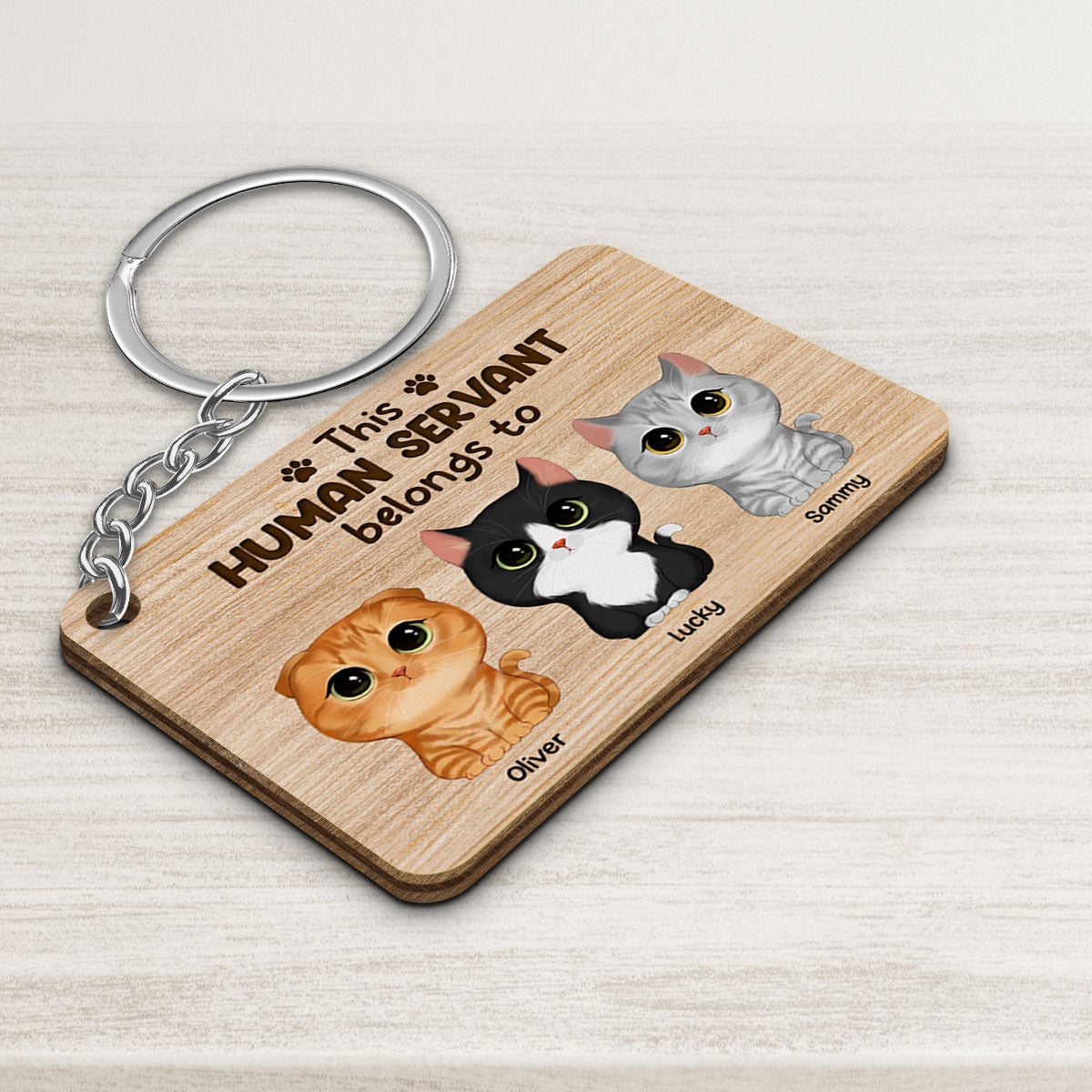 This Human Servant Belongs To Watercolor Cute Cats Personalized Wooden Keychain