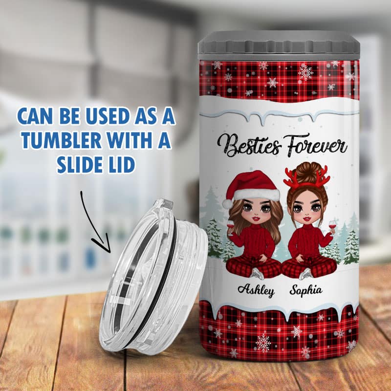 Checkered Pattern Besties Sisters Personalized 4 In 1 Can Cooler