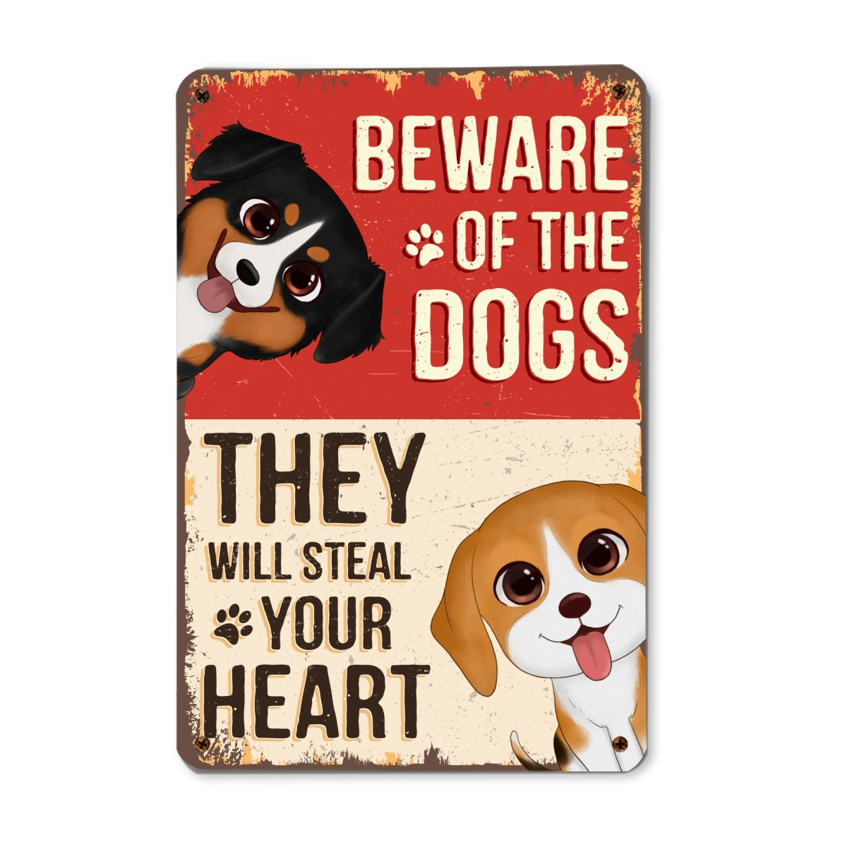 Watercolor Cute Dogs Beware Of The Dogs Personalized Metal Sign