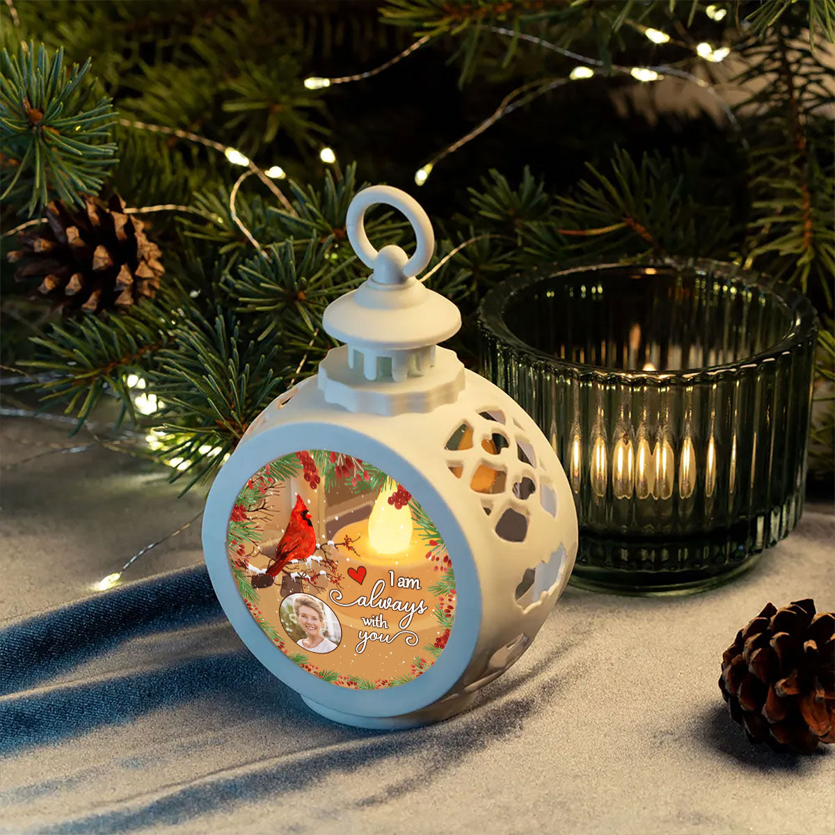 Always With You Holly Branch Cardinal Memorial Photo Upload Personalized Lantern Ornament, Remembrance Gift