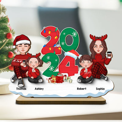 Cute Family Dad Mom Kids Sitting By 2024 Christmas Personalized 2-Layer Standing Wooden Plaque