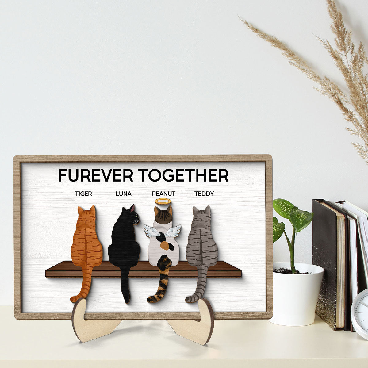 Furever Together Cat Portrait Prints Cats On A Shelf Personalized 2-Layer Wooden Plaque
