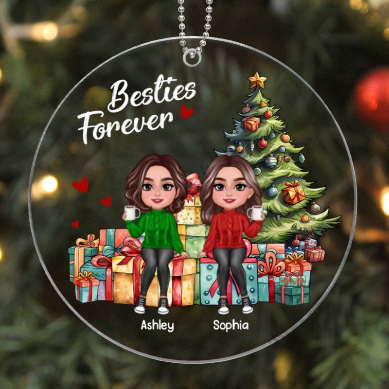 Besties Sisters Friends Sitting On Christmas Gifts Personalized Acrylic Ornament