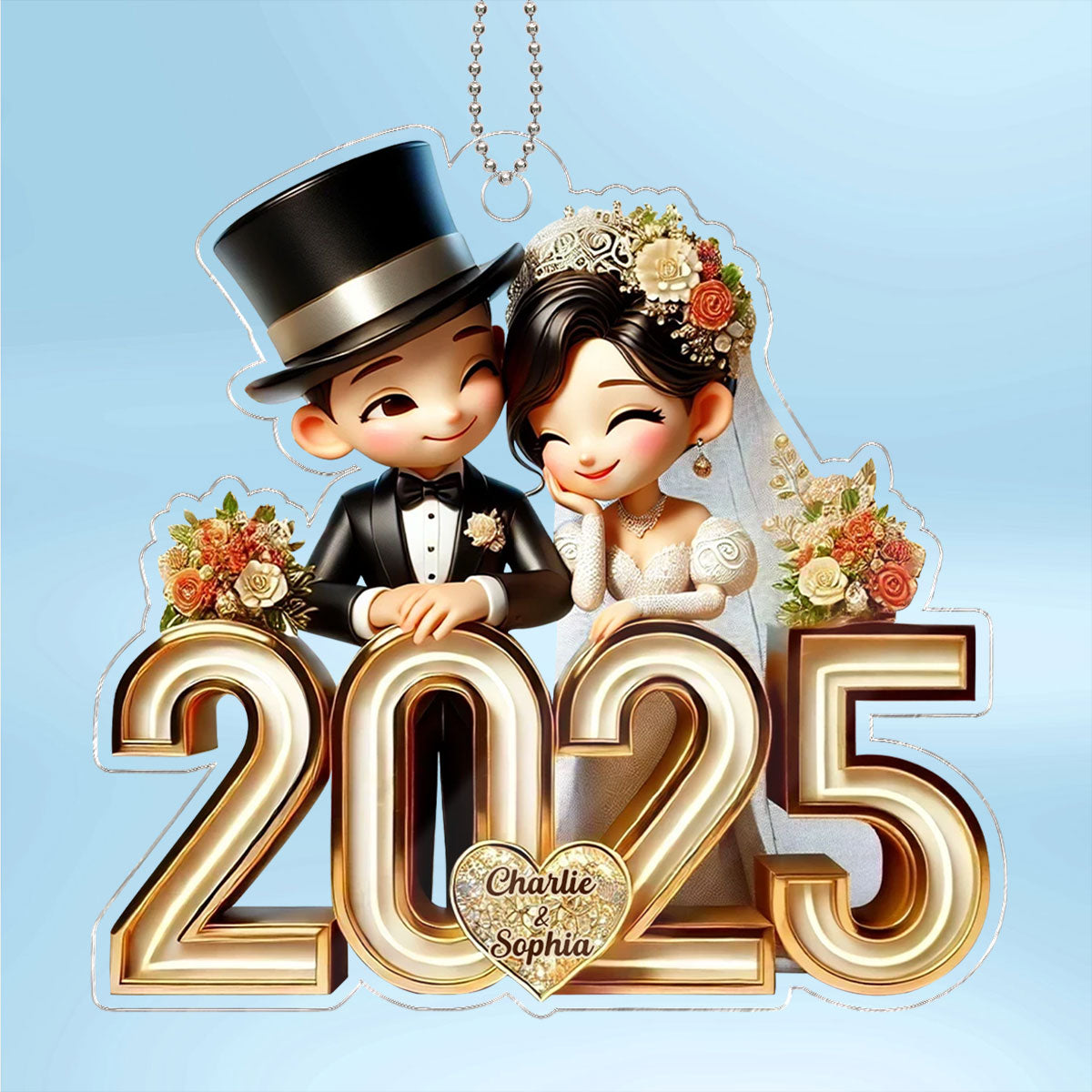 3D Effect Happy Newlywed Cartoon Couple Personalized Car Hanger Ornament, Gift For Him, For Her, For Newlywed Couple