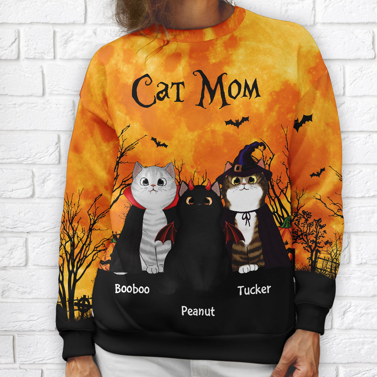 Cat Mom Halloween Moon Light Bat Tree Personalized Sweatshirt, Purrfect Costume for Cat Lover