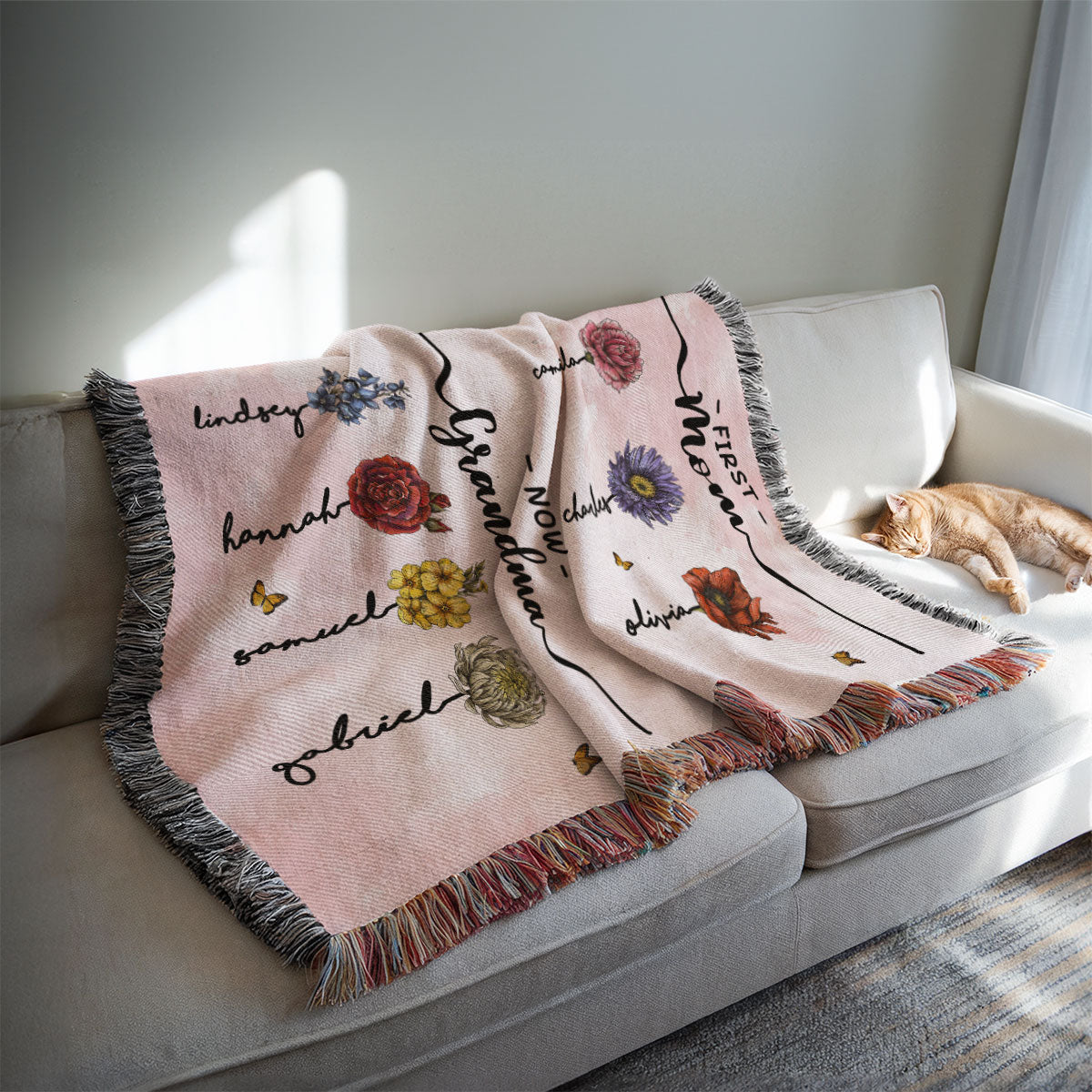 First Mom Now Grandma Birth Flower Personalized Tapestry Woven Blanket, Heartfelt Gift For Grandma