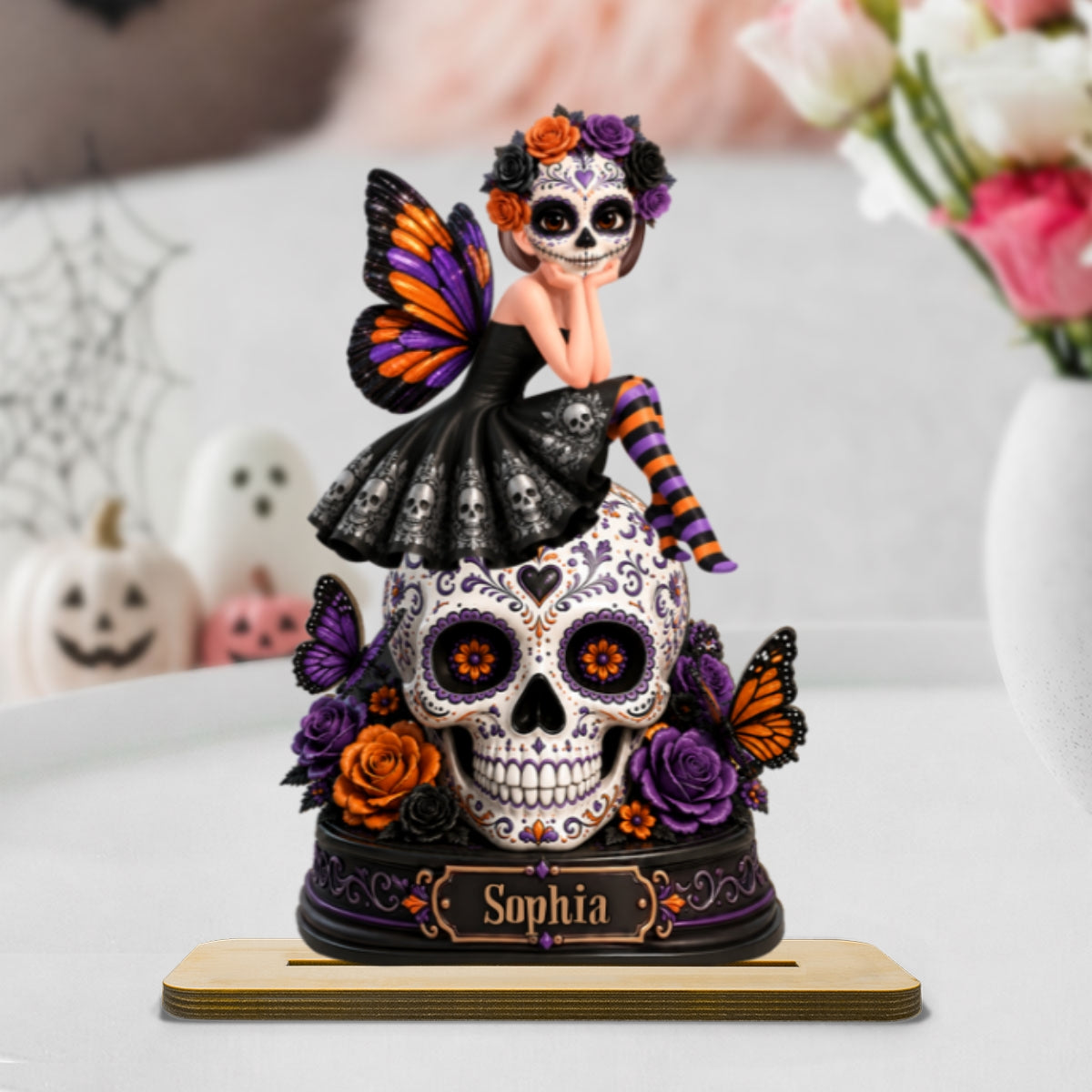 Sugar Skull Girl 2D Flat - Personalized Wooden Plaque - Halloween Decoration