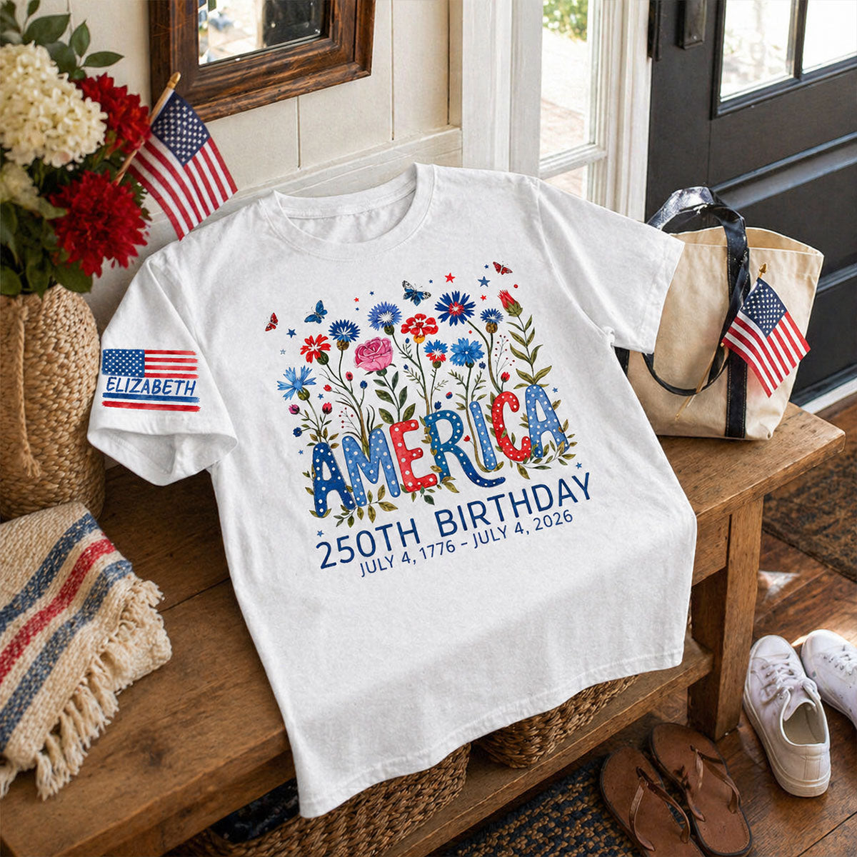 Wildflower Floral 250th USA Custom Name - Personalized Sleeve Printed Shirt - United States 250th Anniversary USA Patriotic